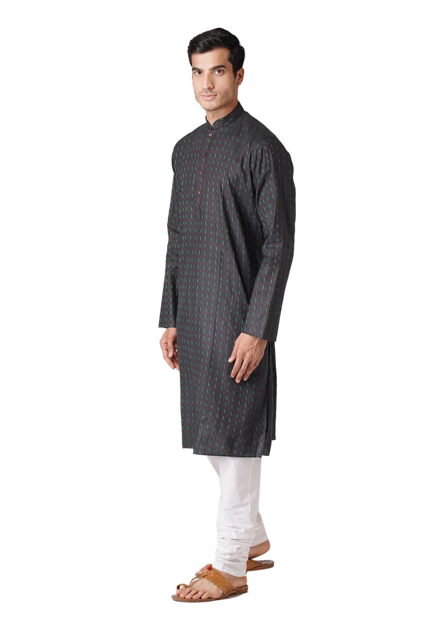 Full Sleeve Self Design Kurta and Churidar Set in Black Pure Cotton