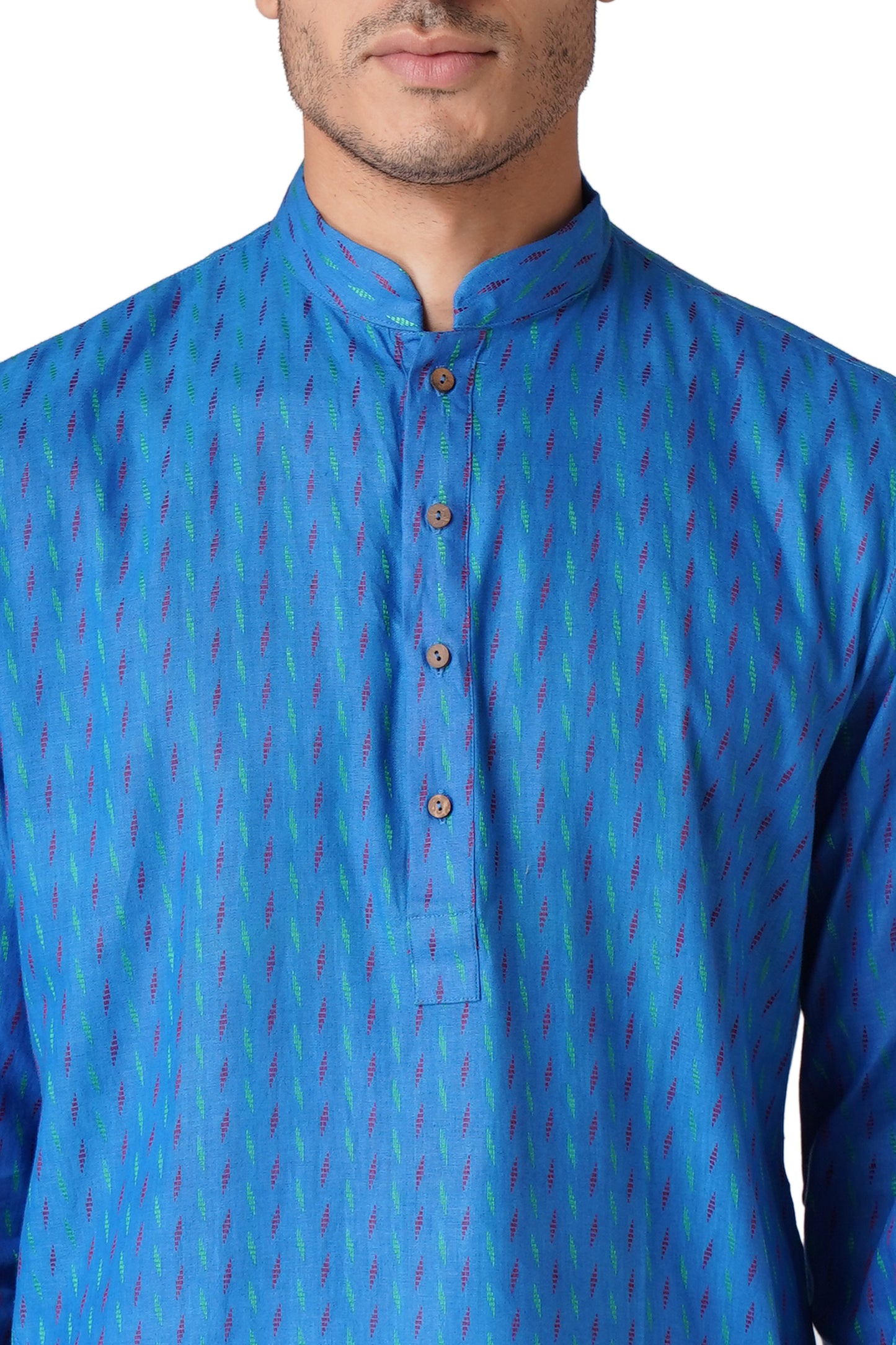 Full Sleeve Self Design Kurta and Churidar Set in Blue Pure Cotton