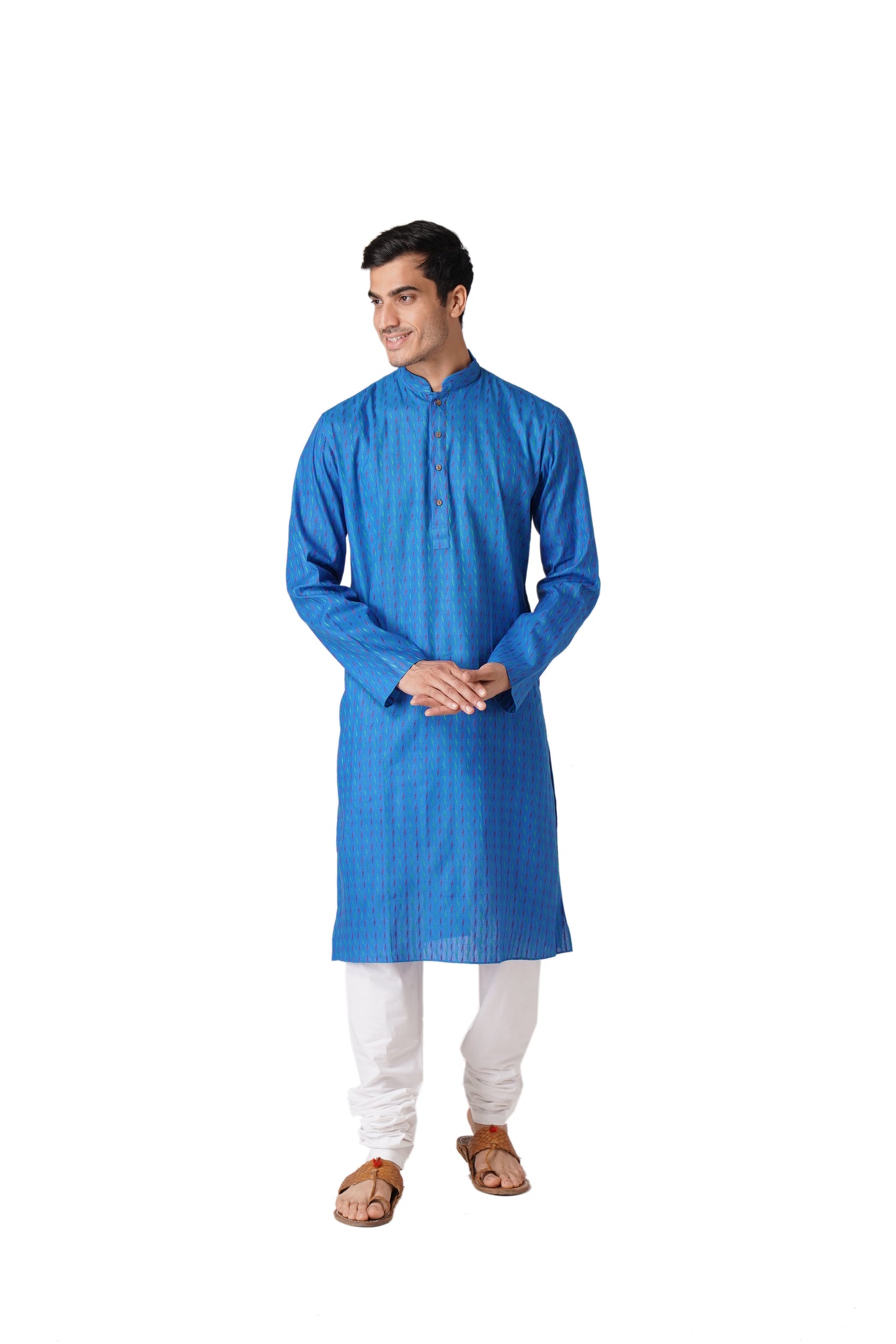 Full Sleeve Self Design Kurta and Churidar Set in Blue Pure Cotton
