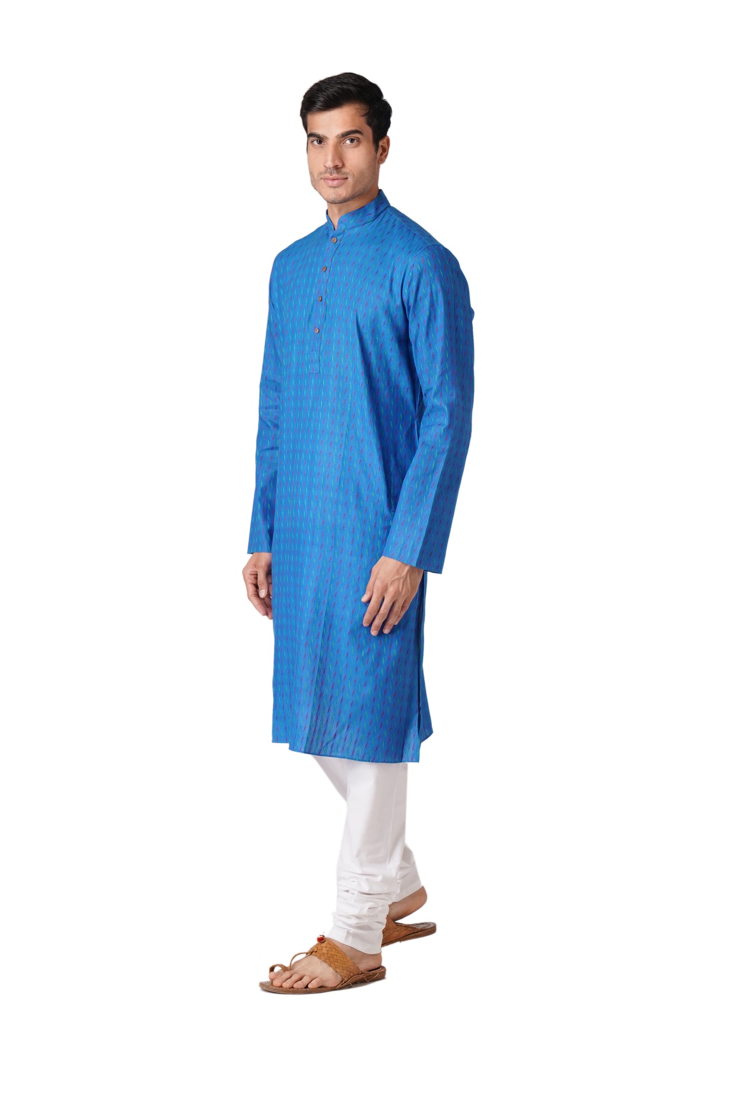 Full Sleeve Self Design Kurta and Churidar Set in Blue Pure Cotton