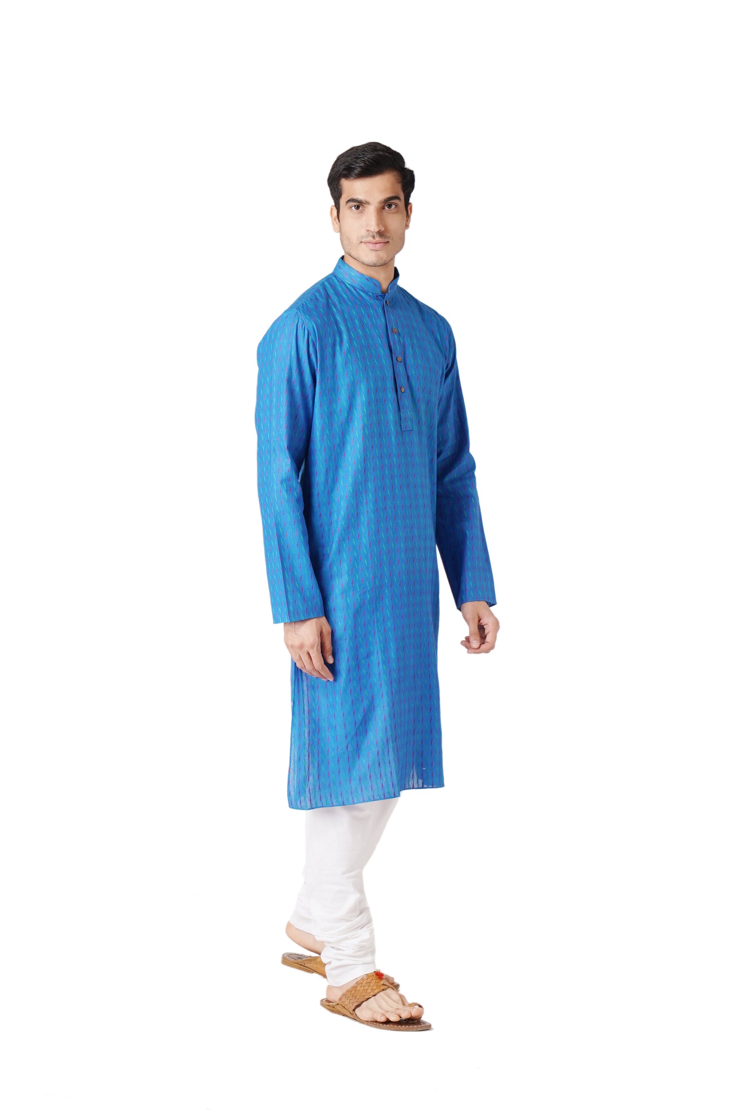 Full Sleeve Self Design Kurta and Churidar Set in Blue Pure Cotton