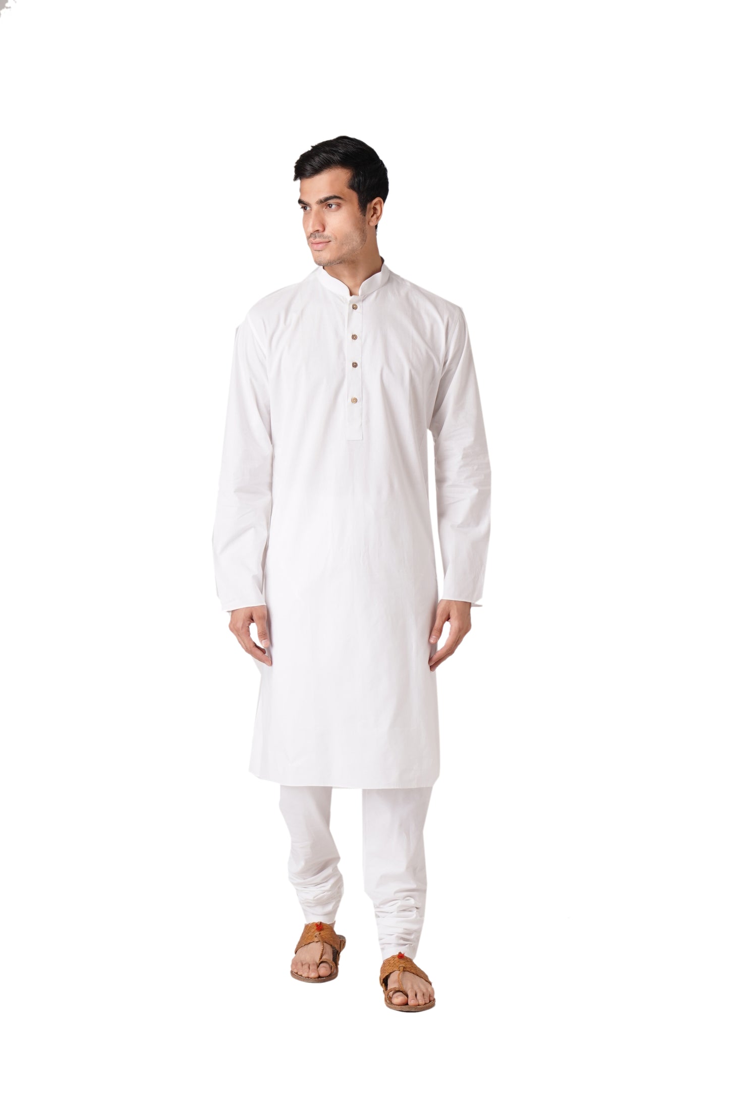 Full Sleeve Solid Kurta and Churidar Set in White Pure Cotton