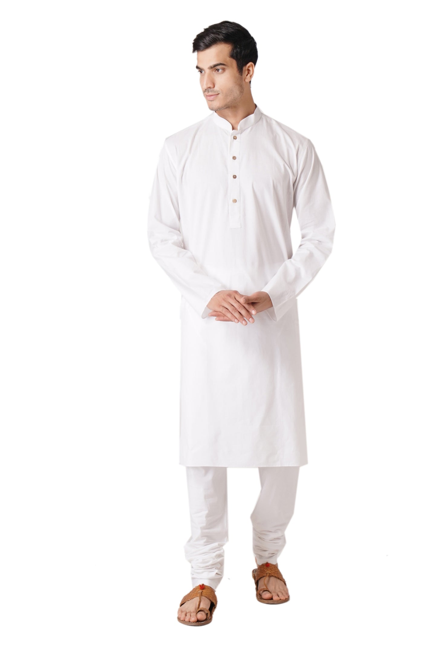 Full Sleeve Solid Kurta and Churidar Set in White Pure Cotton