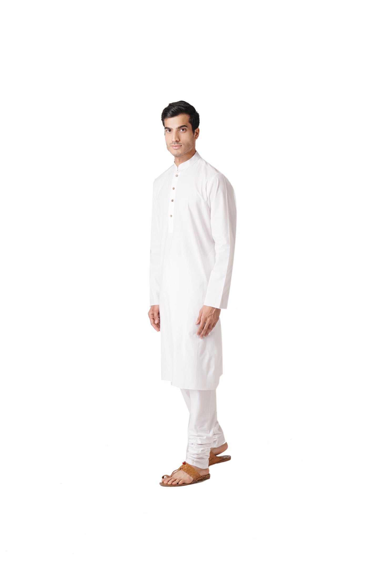 Full Sleeve Solid Kurta and Churidar Set in White Pure Cotton