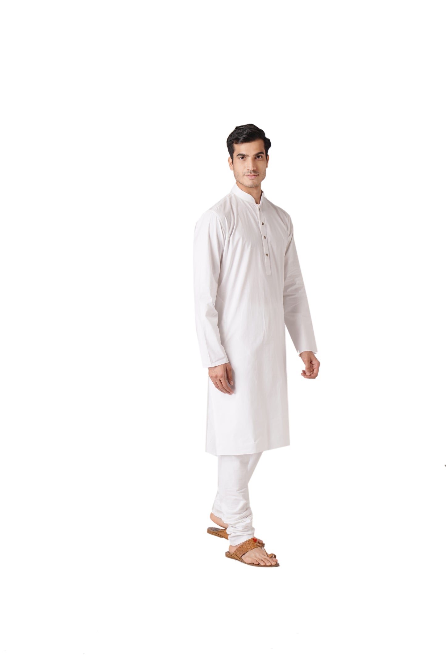 Full Sleeve Solid Kurta and Churidar Set in White Pure Cotton