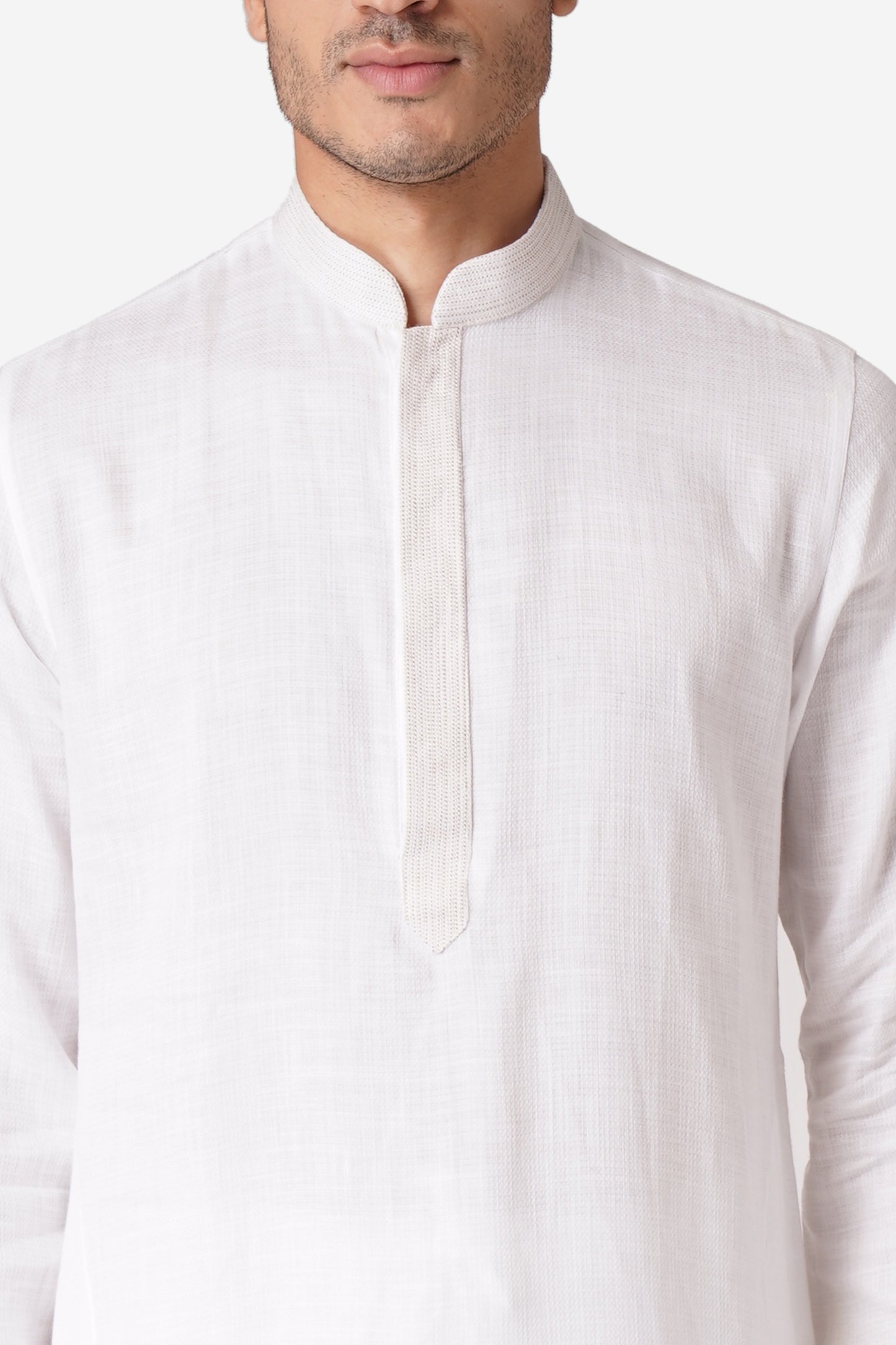 Full Sleeve Self Design Kurta and Churidar Set in White Pure Cotton