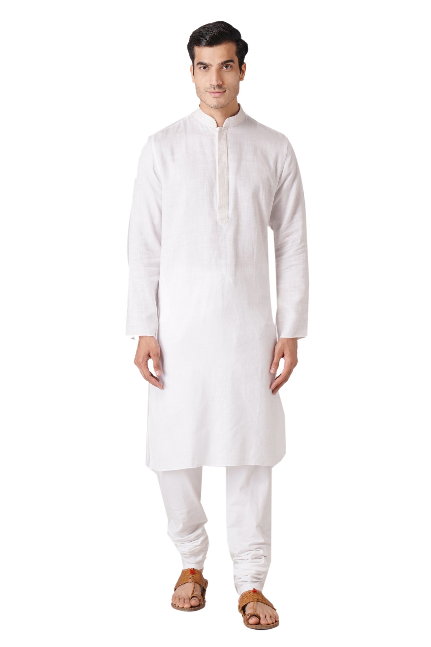 Full Sleeve Self Design Kurta and Churidar Set in White Pure Cotton