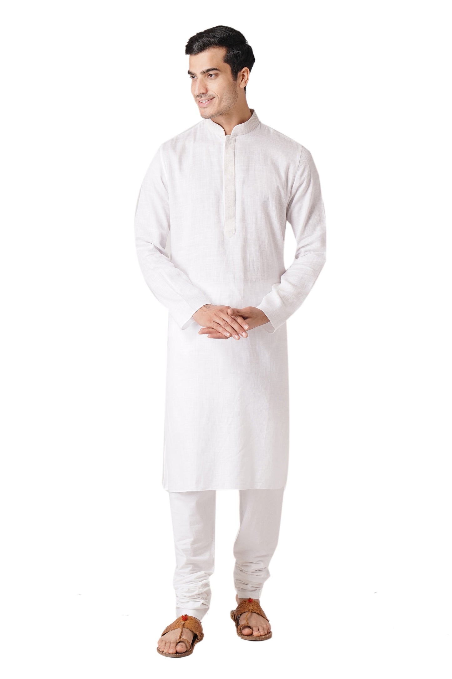 Full Sleeve Self Design Kurta and Churidar Set in White Pure Cotton