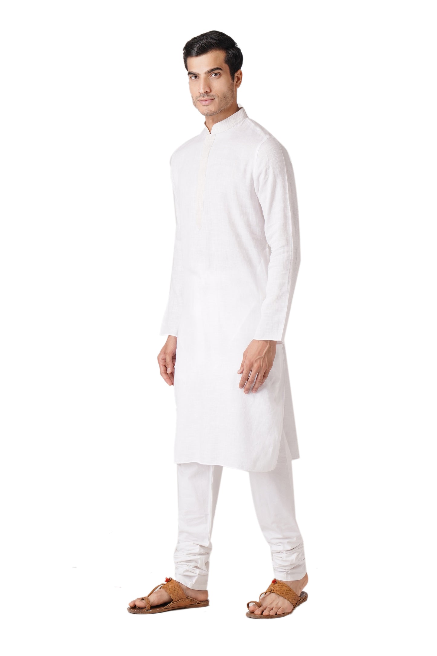 Full Sleeve Self Design Kurta and Churidar Set in White Pure Cotton