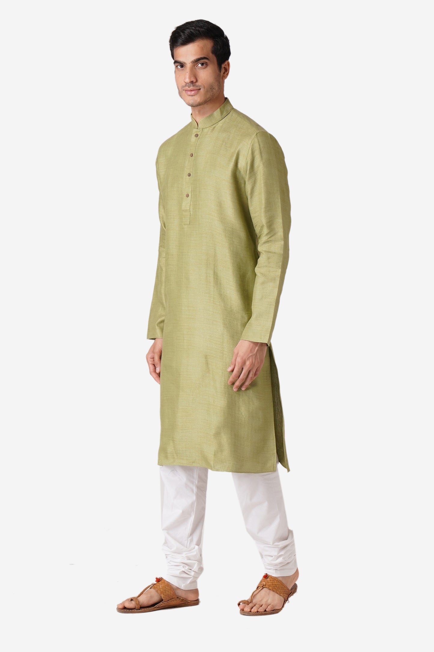 Full Sleeve Geometric Print Kurta and Churidar Set in Green Pure Cotton