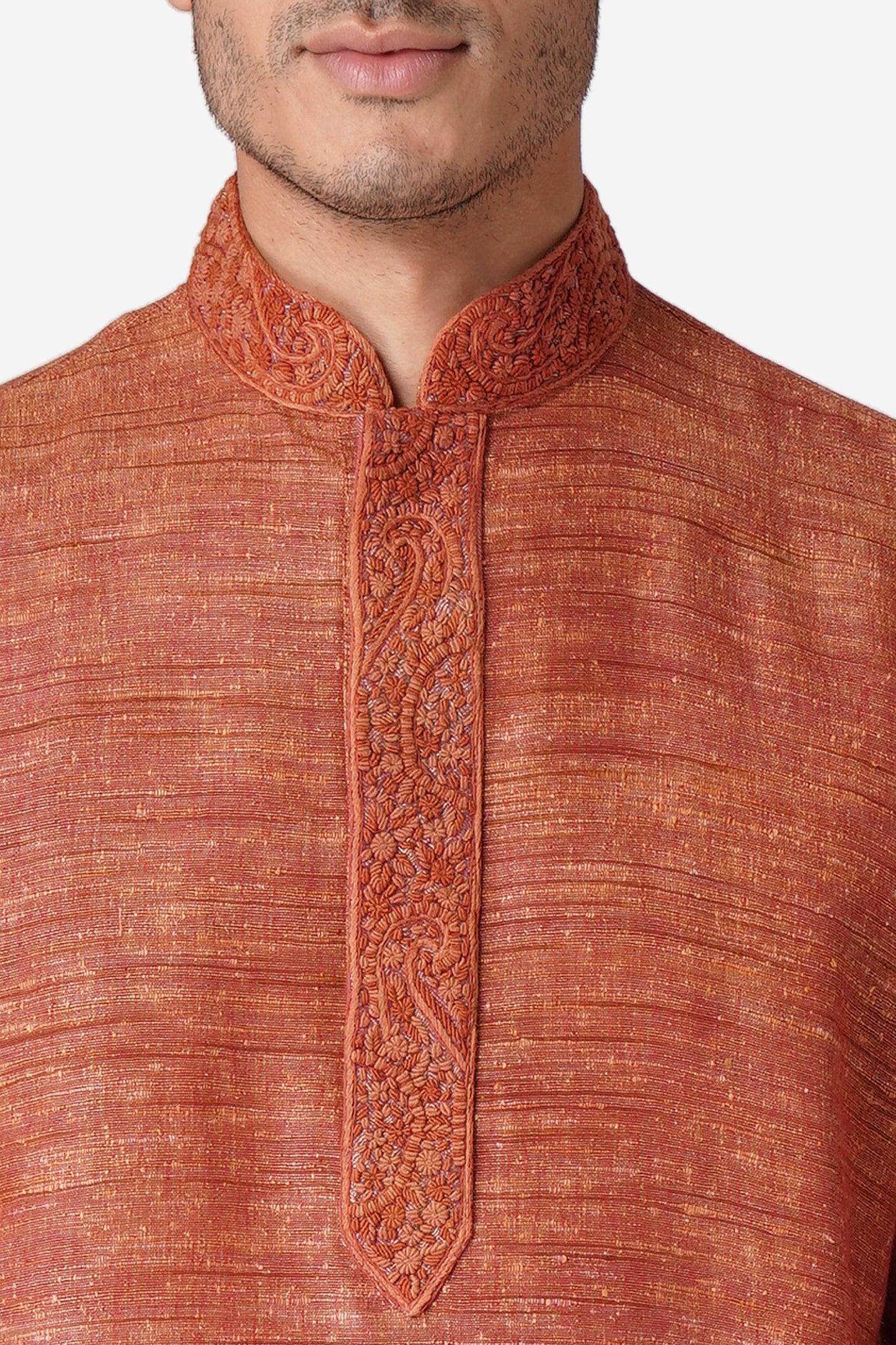 Full Sleeve Solid Kurta and Churidar Set in Red Khadi Cotton