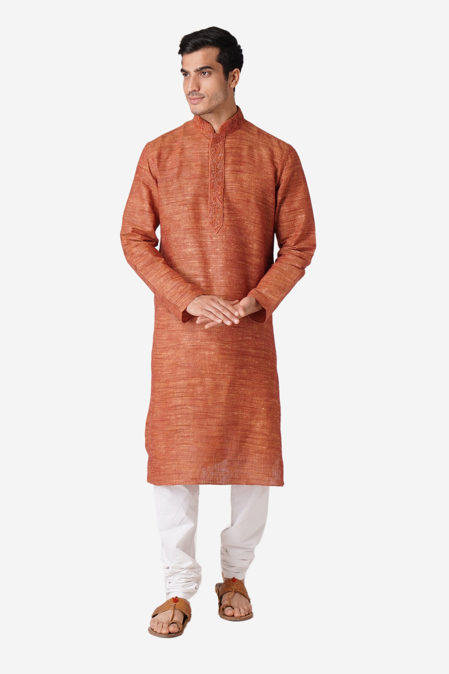 Full Sleeve Solid Kurta and Churidar Set in Red Khadi Cotton