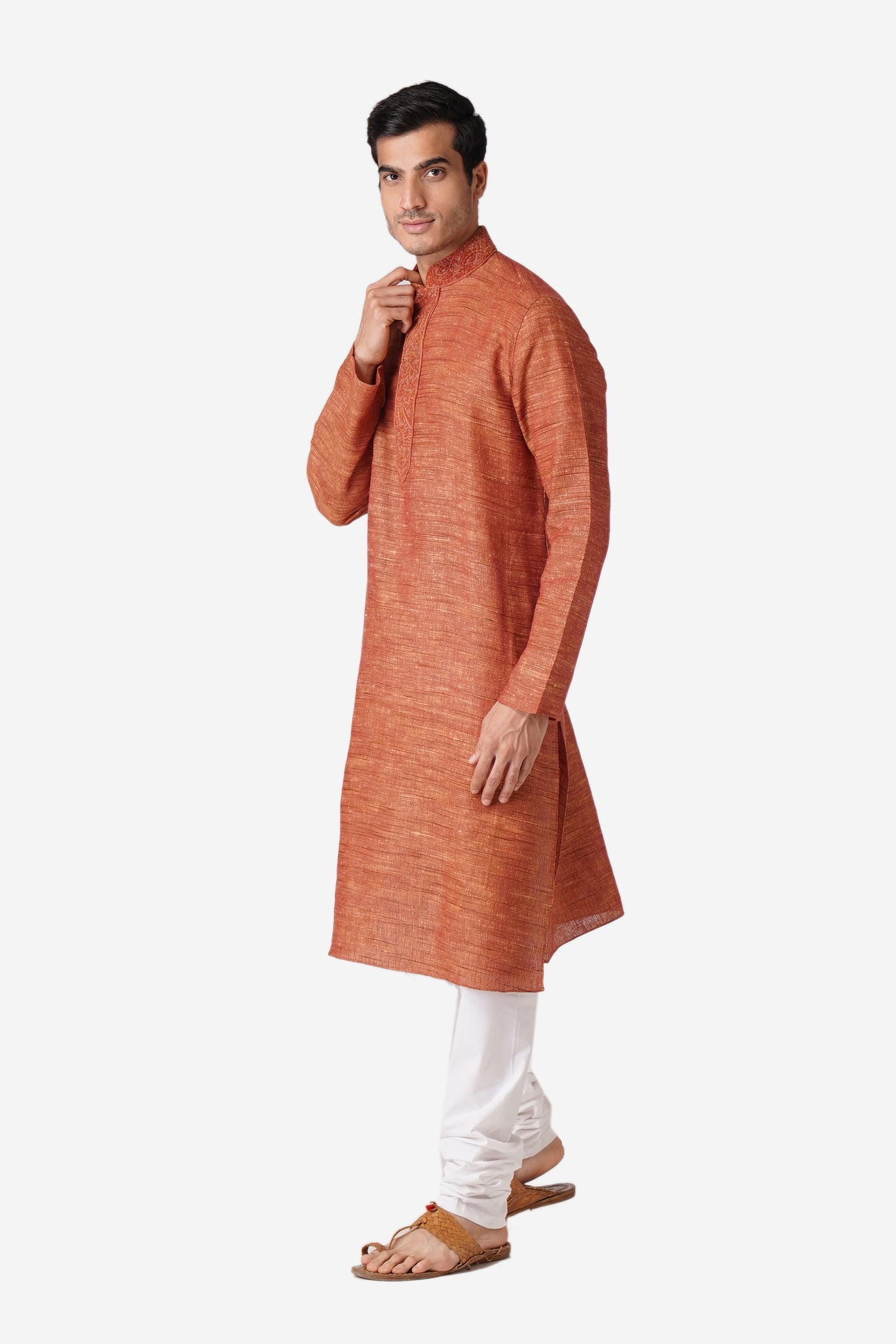 Full Sleeve Solid Kurta and Churidar Set in Red Khadi Cotton