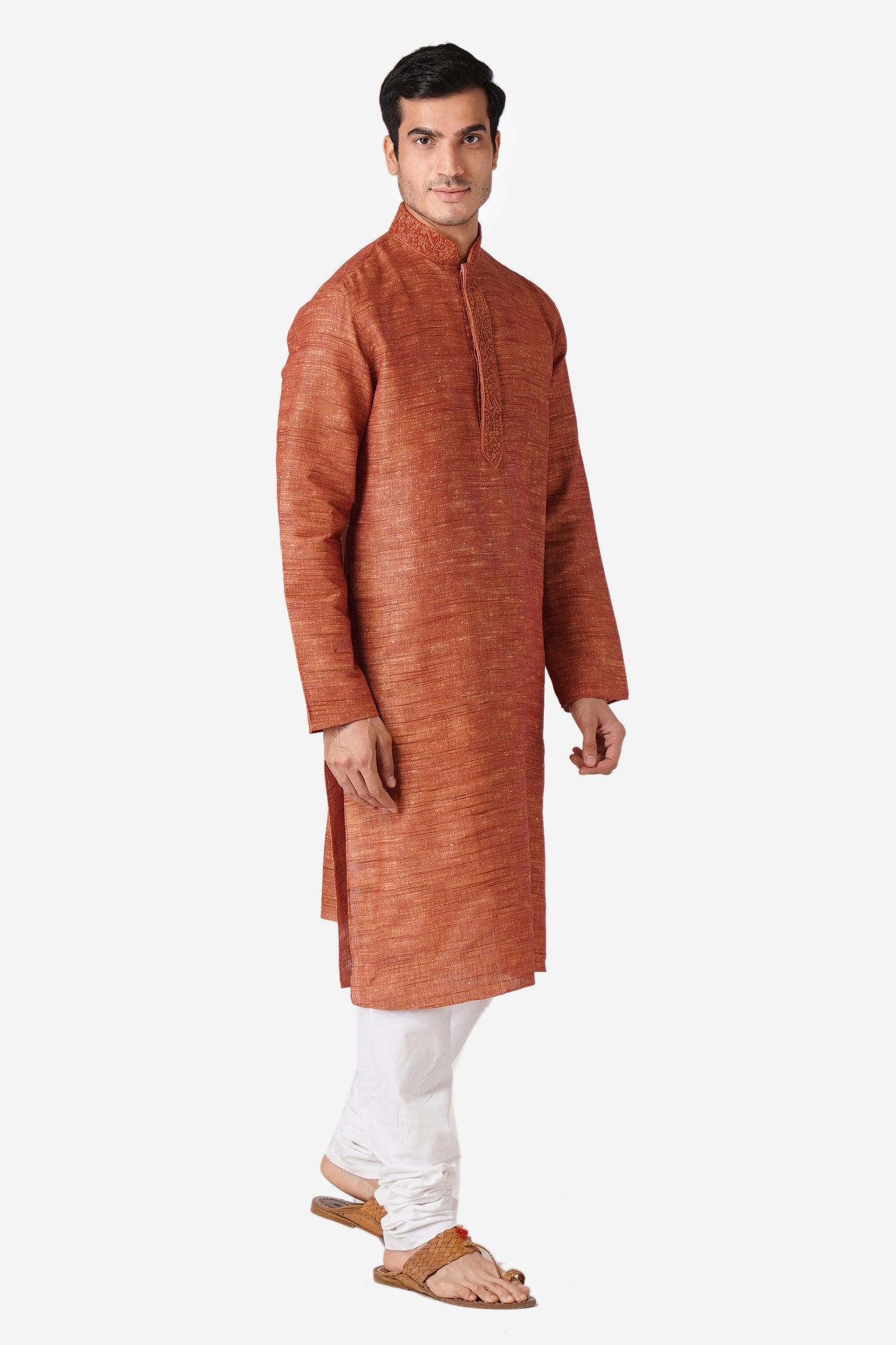 Full Sleeve Solid Kurta and Churidar Set in Red Khadi Cotton