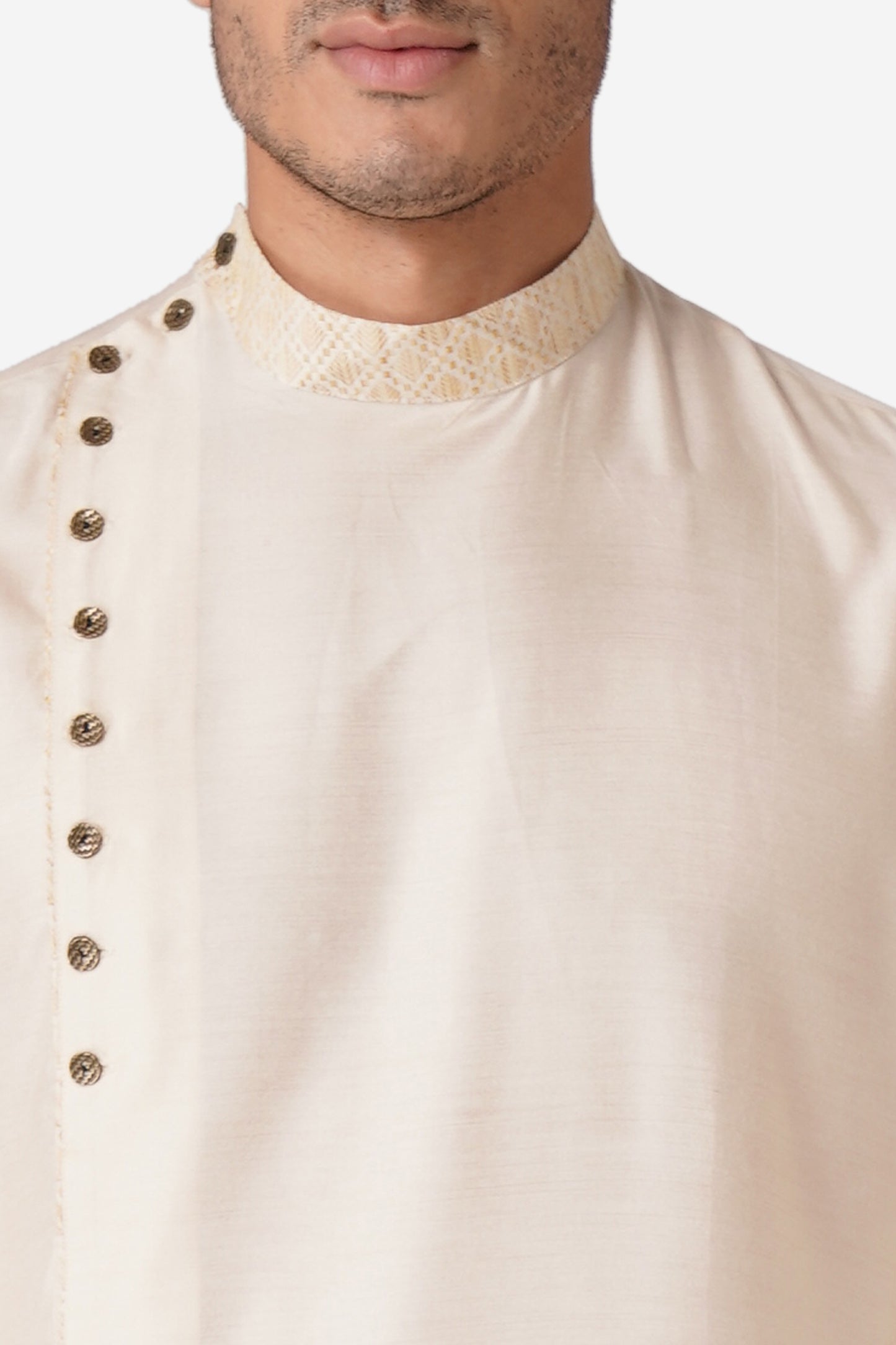 Full Sleeve Solid Kurta and Churidar Set in White Cotton Blend