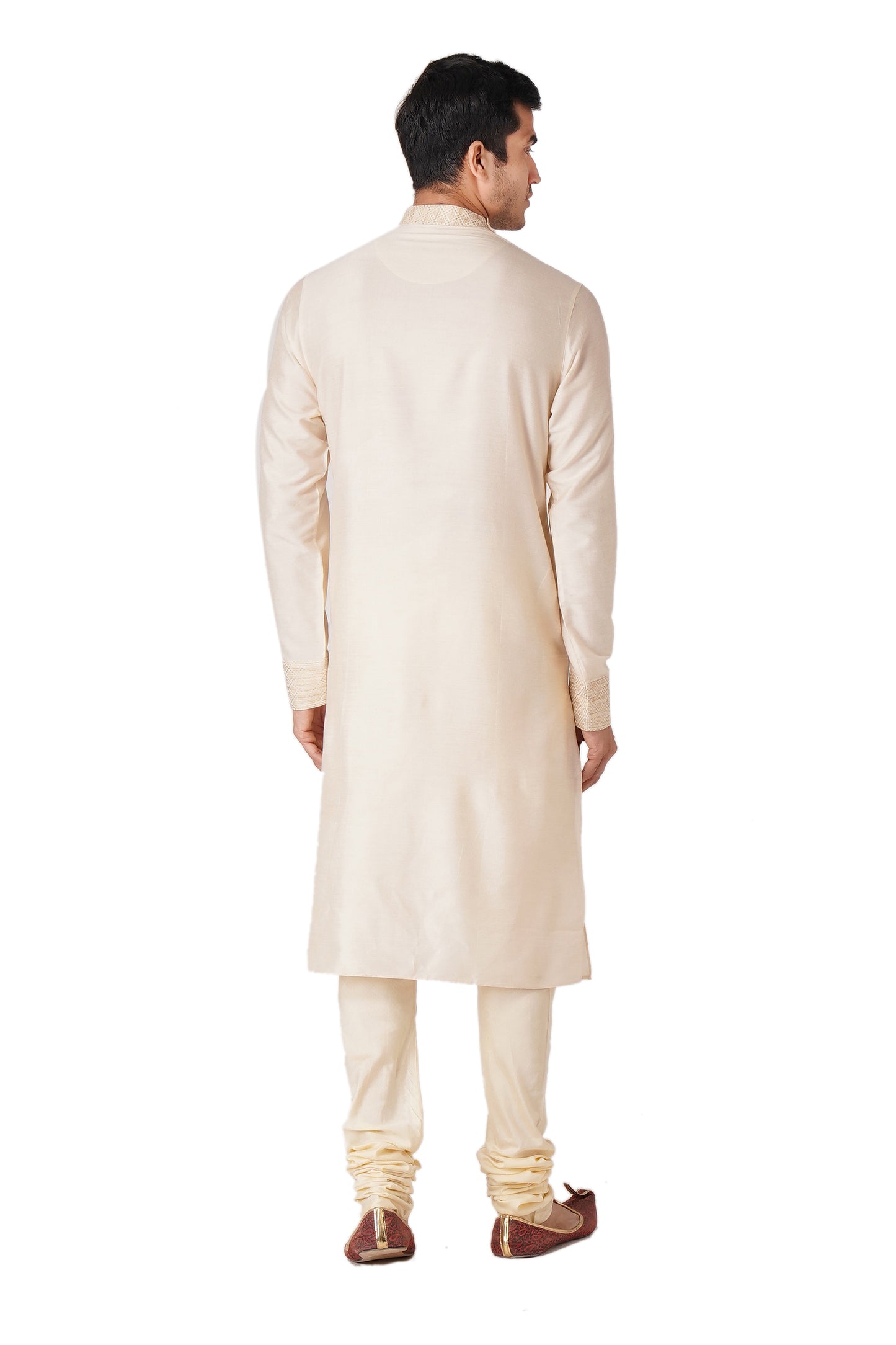 Full Sleeve Solid Kurta and Churidar Set in White Cotton Blend