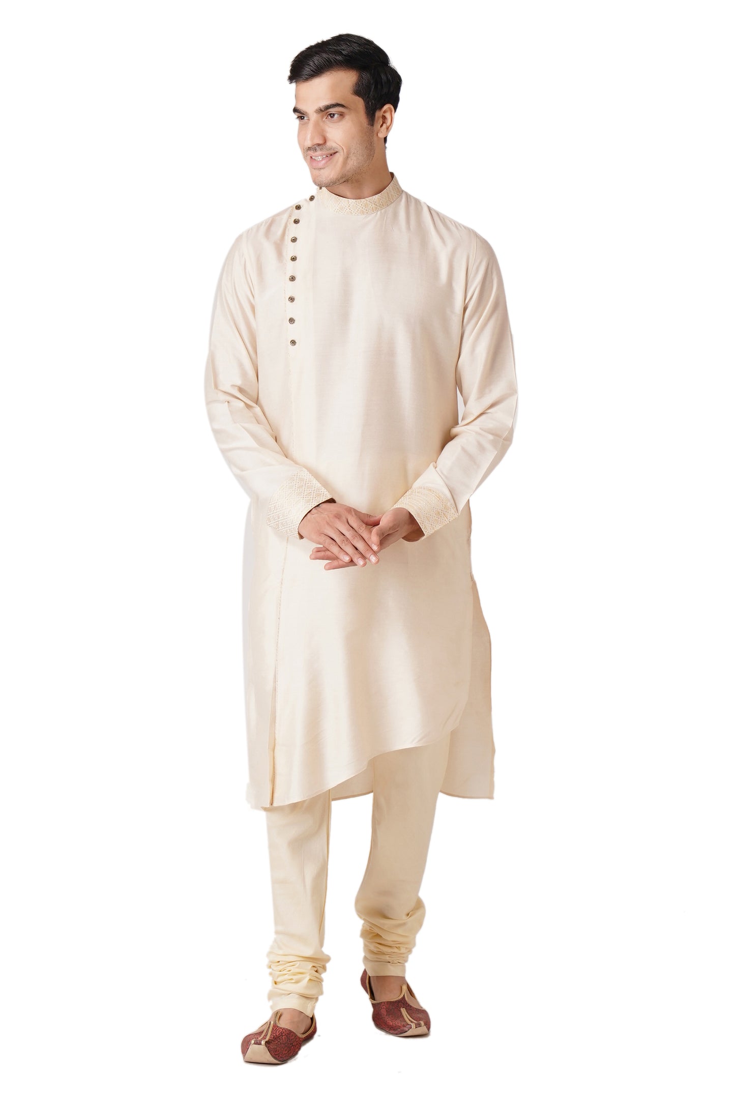 Full Sleeve Solid Kurta and Churidar Set in White Cotton Blend