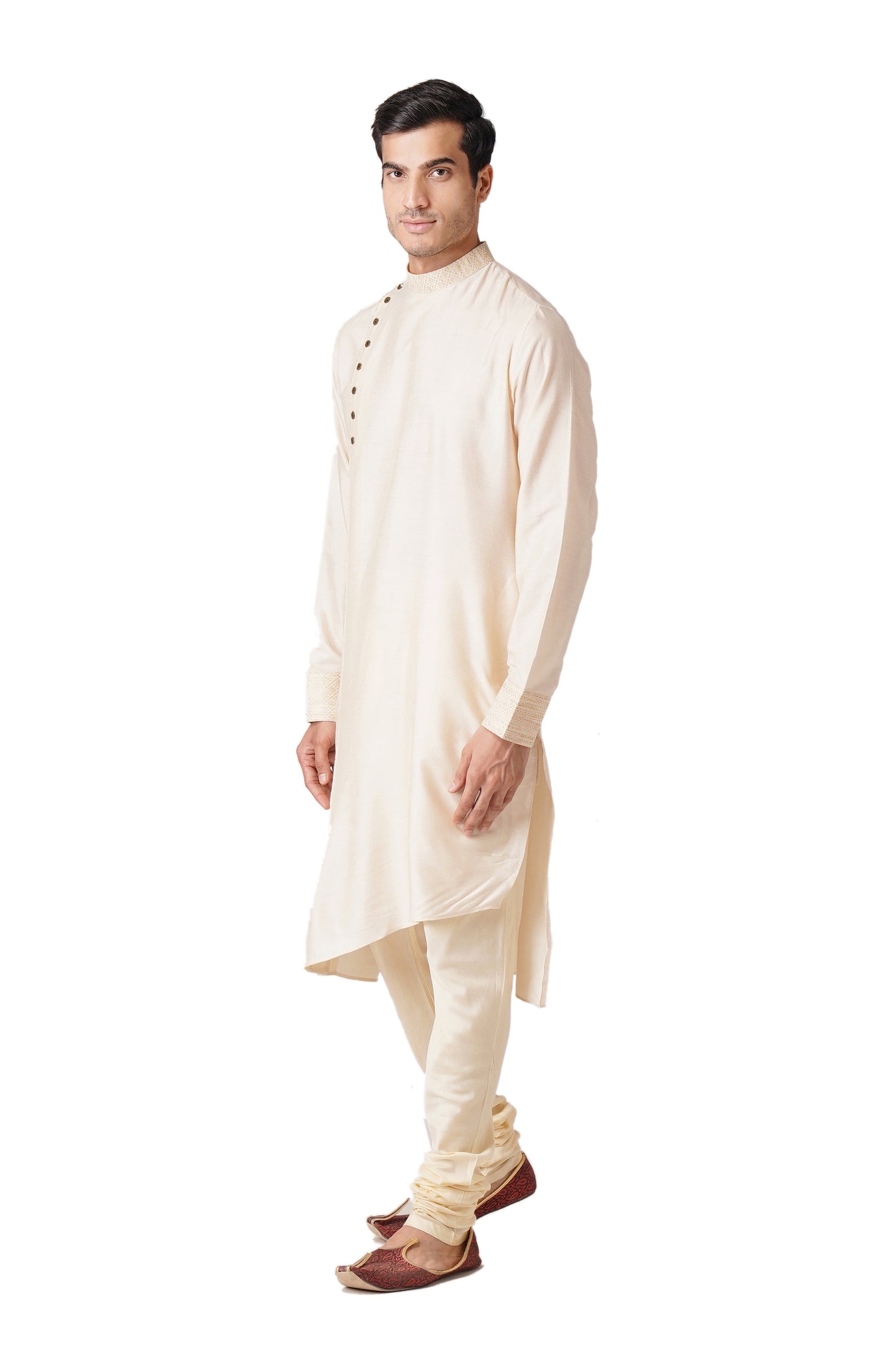 Full Sleeve Solid Kurta and Churidar Set in White Cotton Blend