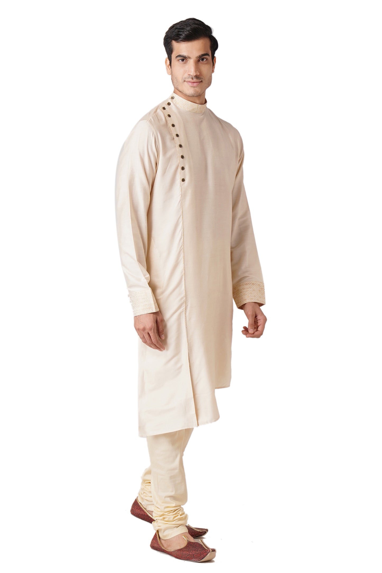 Full Sleeve Solid Kurta and Churidar Set in White Cotton Blend