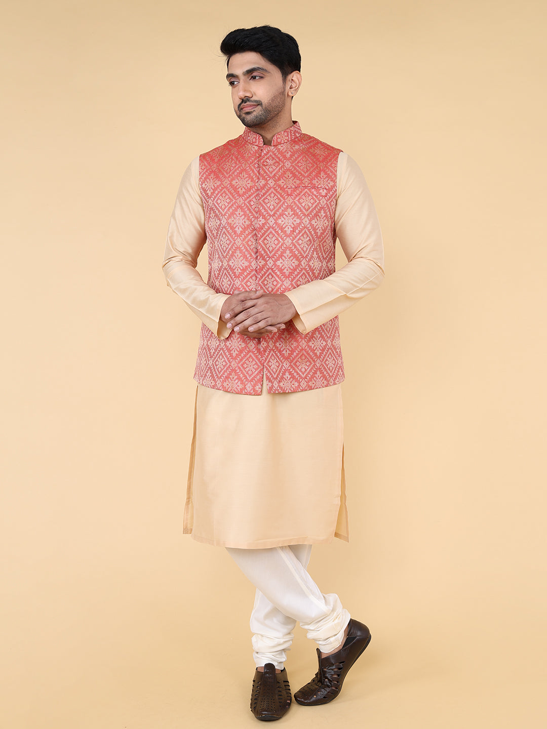 Red and beige self jaquard Jacket