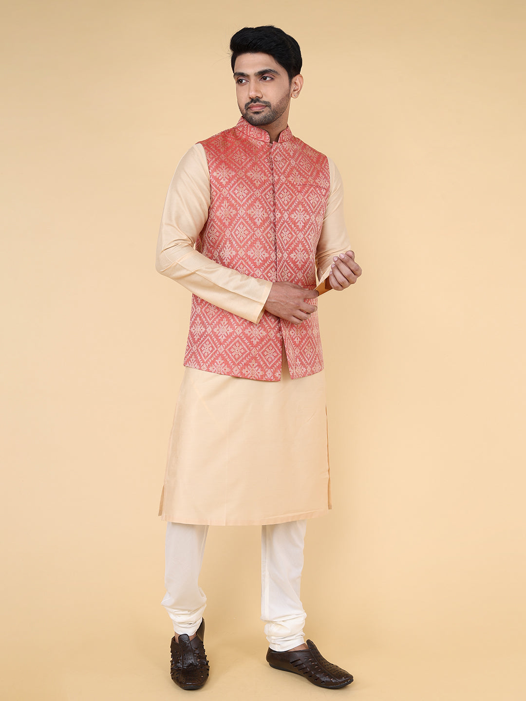 Red and beige self jaquard Jacket