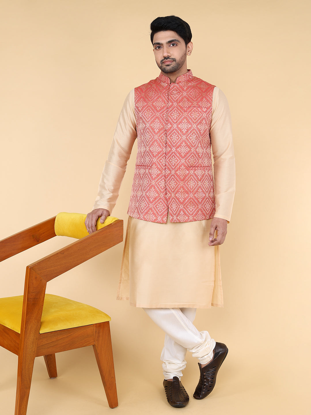 Red and beige self jaquard Jacket