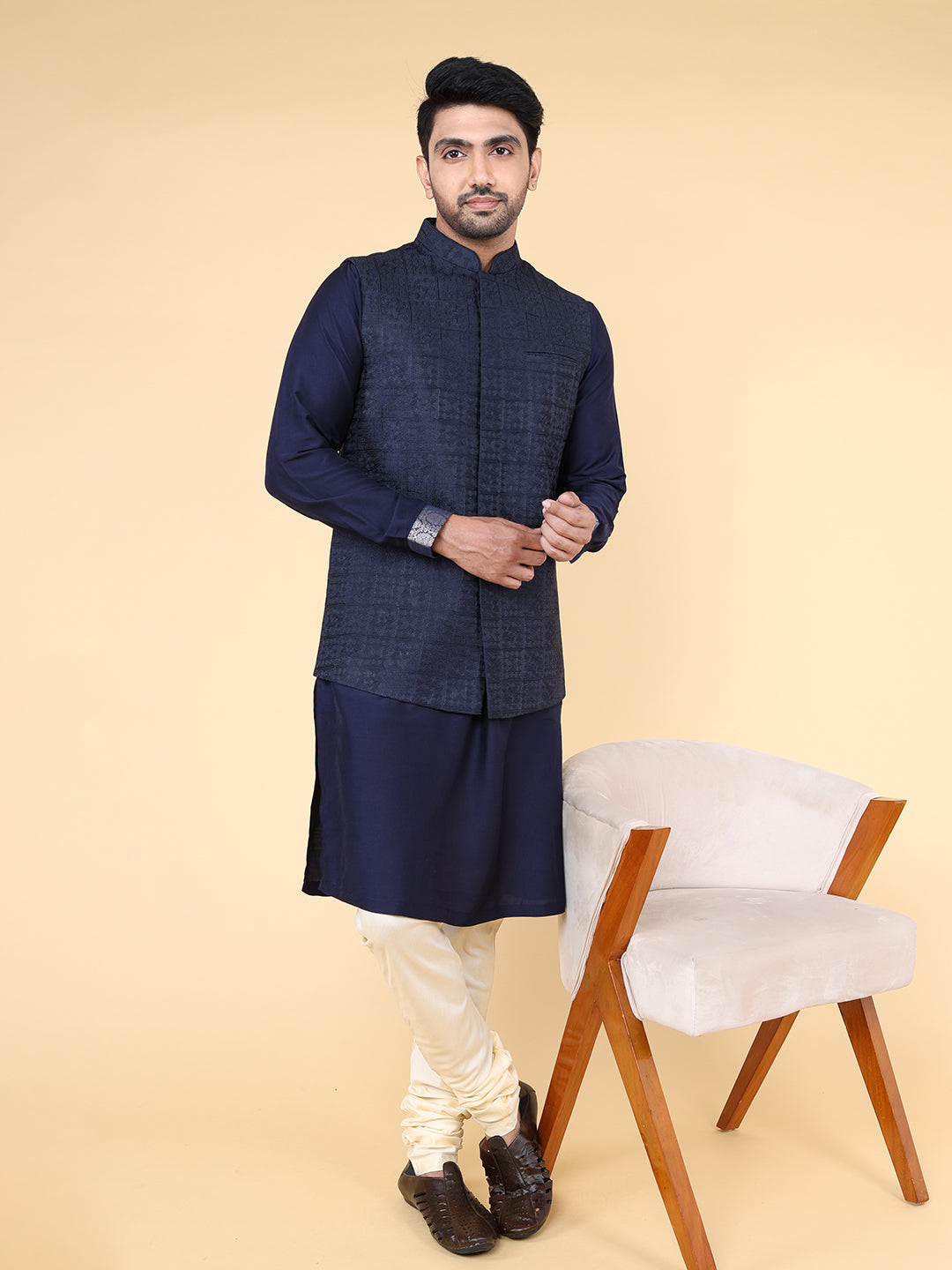 Navy blue all over thread work Jacket
