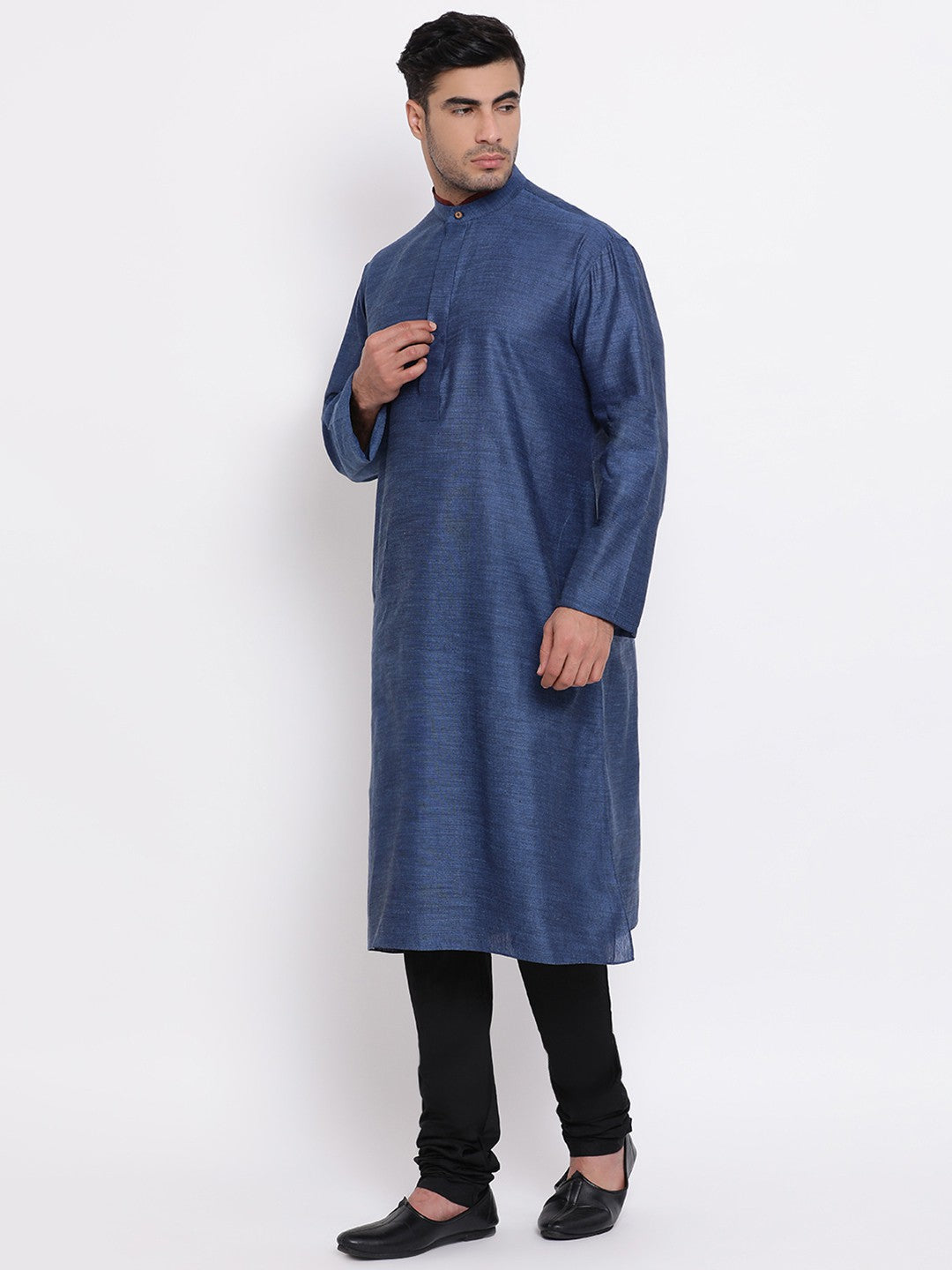 Full Sleeve Solid Kurta and Churidar Set in Blue Cotton Blend