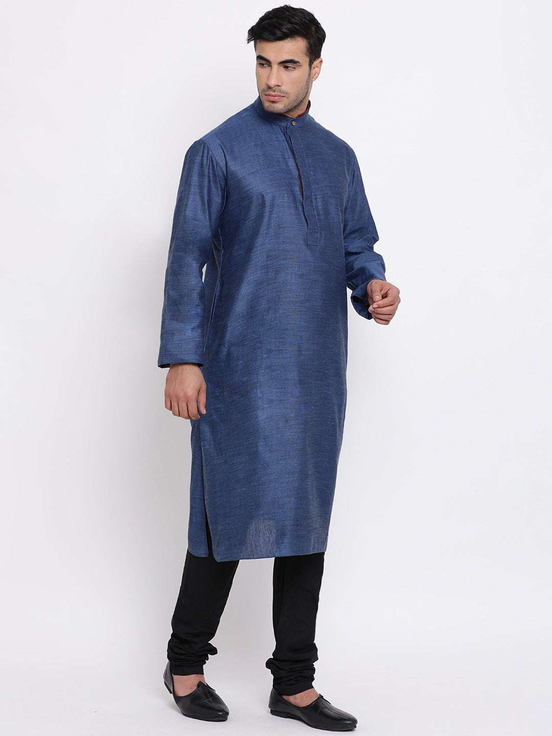 Full Sleeve Solid Kurta and Churidar Set in Blue Cotton Blend
