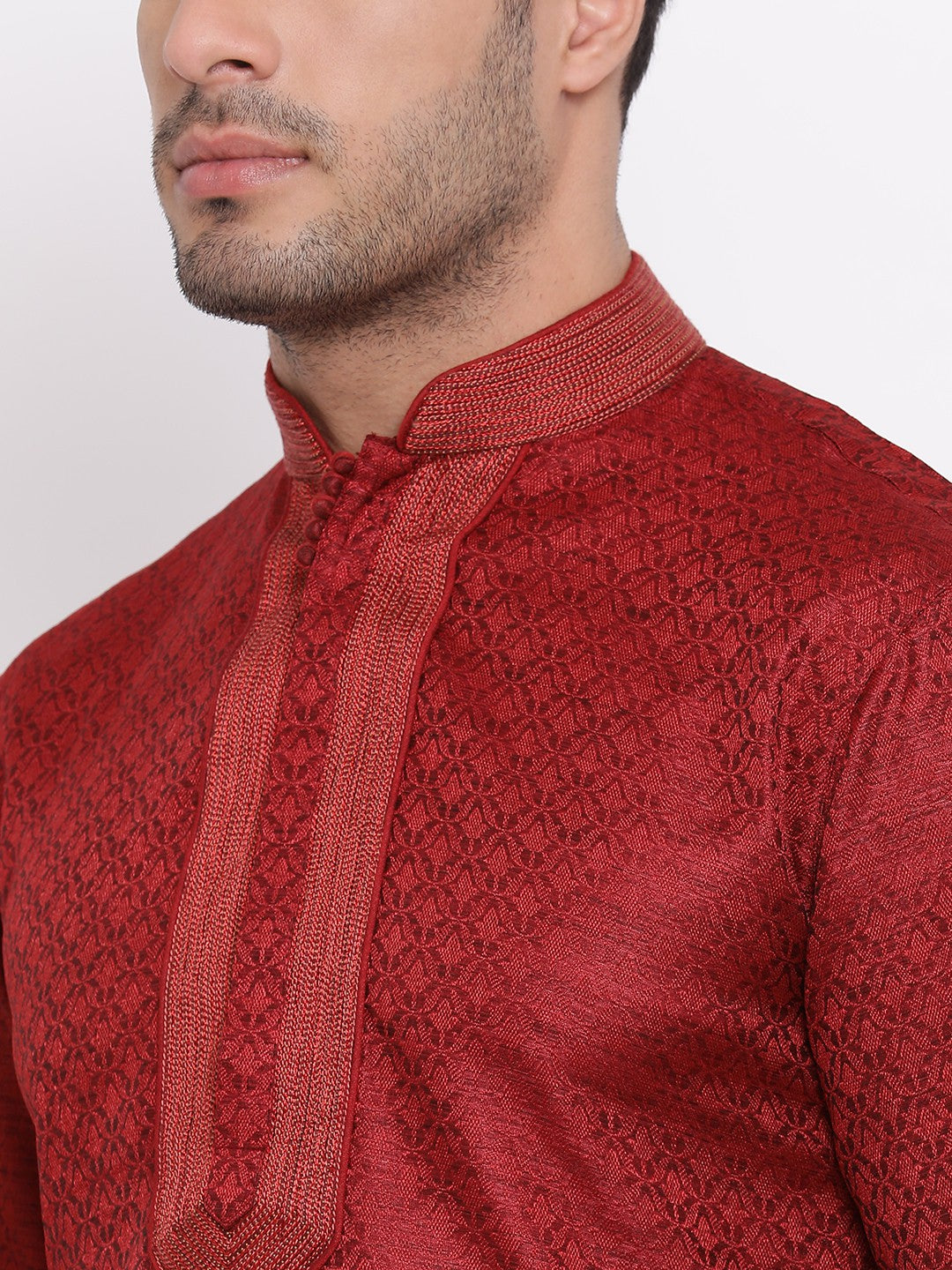 Full Sleeve Printed Kurta and Churidar Set in Maroon Jacquard