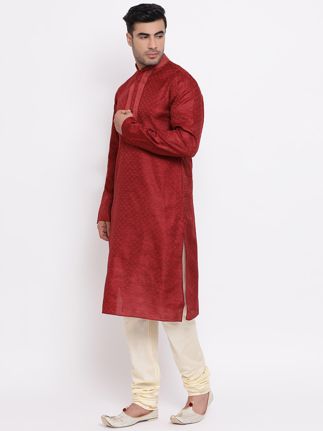 Full Sleeve Printed Kurta and Churidar Set in Maroon Jacquard