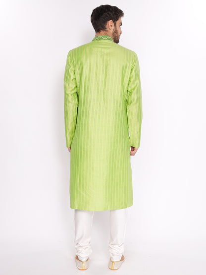 Full Sleeve Embroidered::Striped Kurta and Pyjama Set in Green Cotton Blend