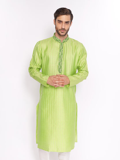 Full Sleeve Embroidered::Striped Kurta and Pyjama Set in Green Cotton Blend