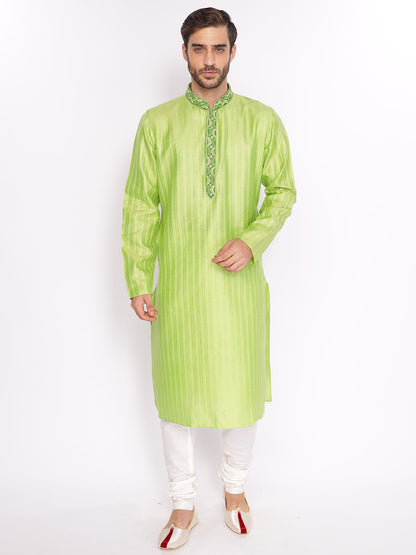Full Sleeve Embroidered::Striped Kurta and Pyjama Set in Green Cotton Blend