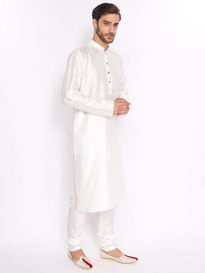 Full Sleeve Solid Kurta and Pyjama Set in White Cotton Blend