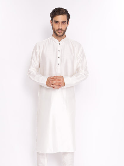 Full Sleeve Solid Kurta and Pyjama Set in White Cotton Blend