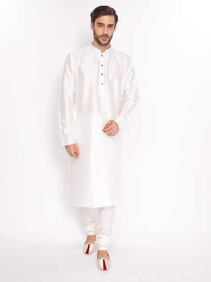 Full Sleeve Solid Kurta and Pyjama Set in White Cotton Blend