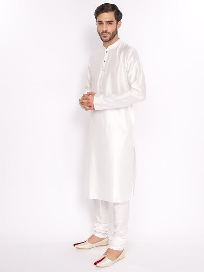 Full Sleeve Solid Kurta and Pyjama Set in White Cotton Blend