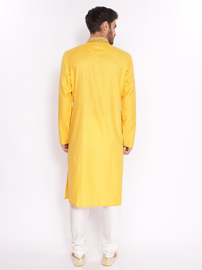 Full Sleeve Self Design Kurta and Pyjama Set in Yellow Pure Cotton