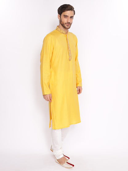 Full Sleeve Self Design Kurta and Pyjama Set in Yellow Pure Cotton