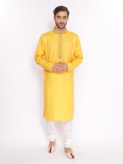 Full Sleeve Self Design Kurta and Pyjama Set in Yellow Pure Cotton