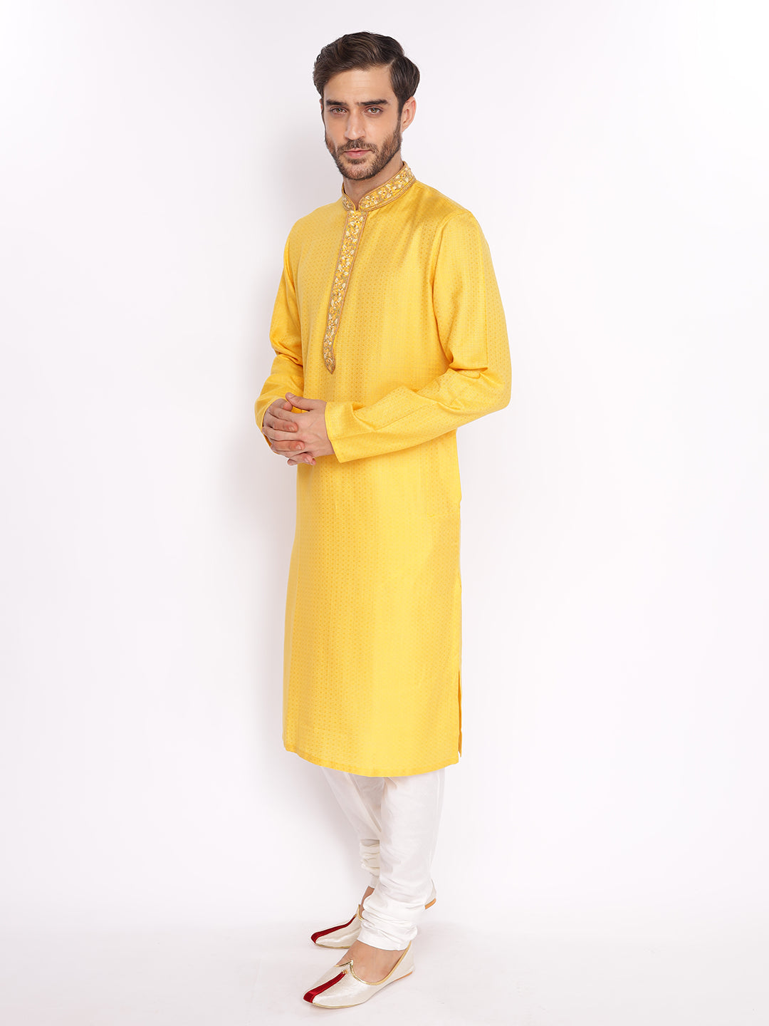 Full Sleeve Self Design Kurta and Pyjama Set in Yellow Pure Cotton