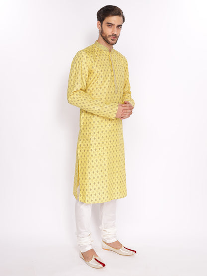 Full Sleeve Embroidered::Printed Kurta and Pyjama Set in Yellow Cotton Blend