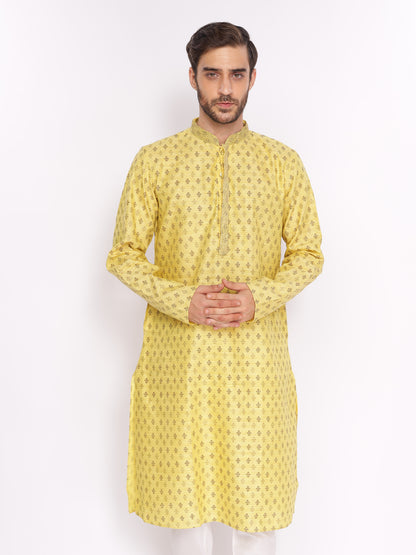 Full Sleeve Embroidered::Printed Kurta and Pyjama Set in Yellow Cotton Blend