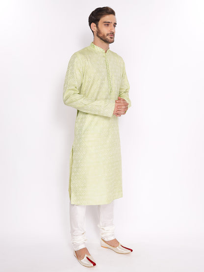 Full Sleeve Embroidered Kurta and Pyjama Set in Green Silk Blend