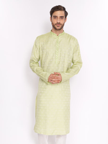 Full Sleeve Embroidered Kurta and Pyjama Set in Green Silk Blend