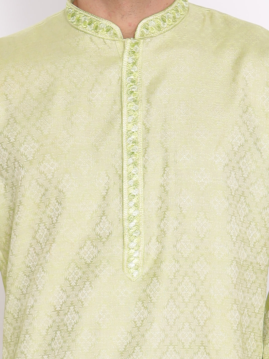 Full Sleeve Embroidered Kurta and Pyjama Set in Green Silk Blend