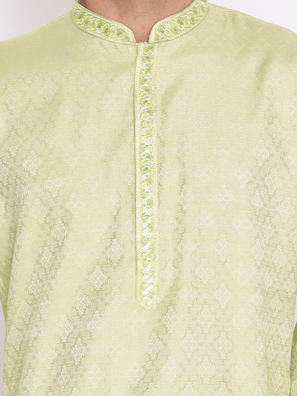 Full Sleeve Embroidered Kurta and Pyjama Set in Green Silk Blend