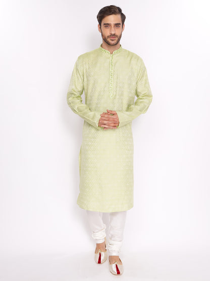 Full Sleeve Embroidered Kurta and Pyjama Set in Green Silk Blend