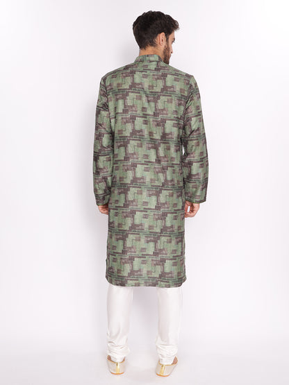 Full Sleeve Printed Kurta and Pyjama Set in Green Cotton Blend